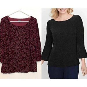 TALBOTS Burnout Flounce Sleeve Top Burgundy Maroon Cheetah Leopard 3/4 Sleeve L